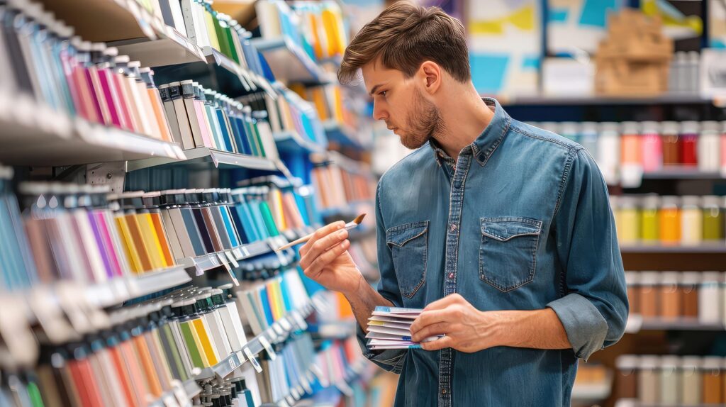 Man browsing paint colour samples at a hardware store with displays