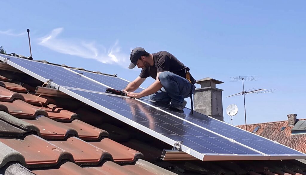 Homeowner installing solar panels on tiled roof, highlighting the freedom to upgrade and add value with standalone investment properties