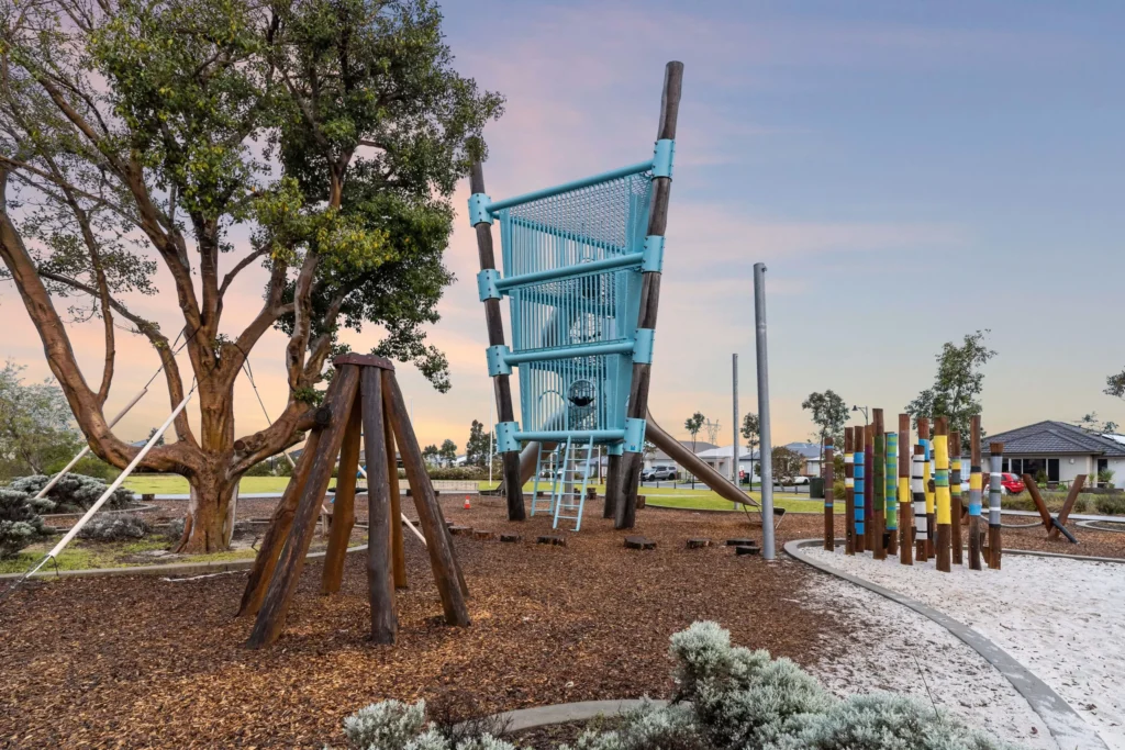 Modern playground and park in Treeby, Perth WA, featuring family-friendly recreation areas, landscaped open spaces and community facilities